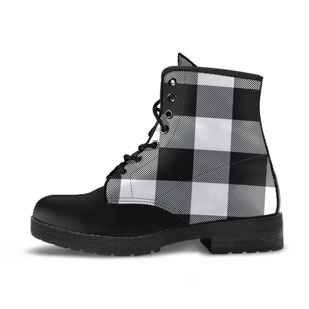 Black and White Buffalo Plaid Vegan Leather Boots