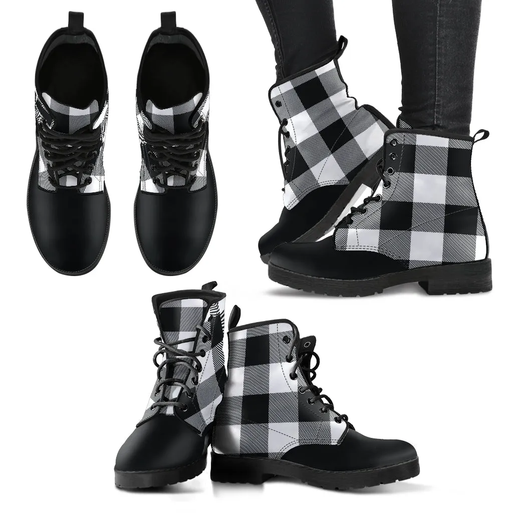Black and White Buffalo Plaid Vegan Leather Boots