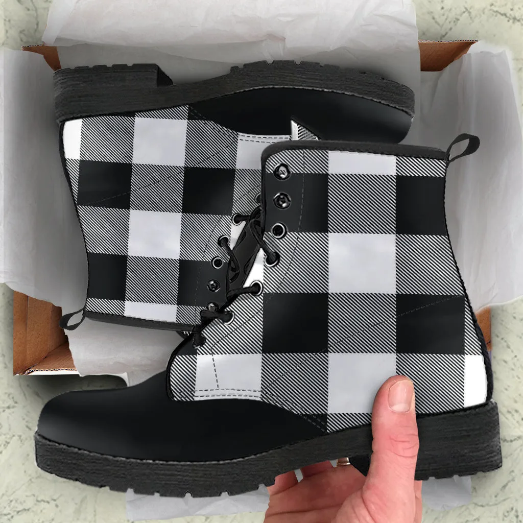 Black and White Buffalo Plaid Vegan Leather Boots