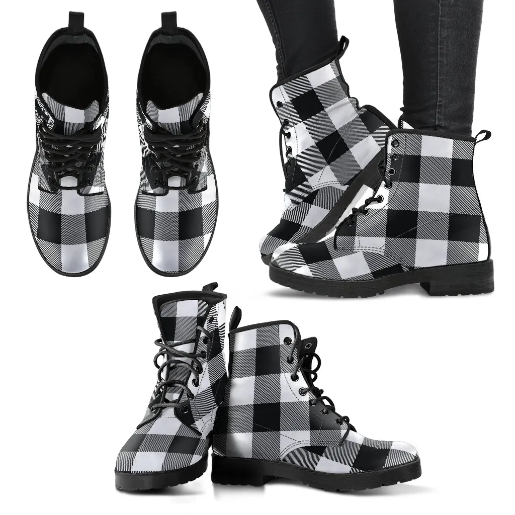 Black and White Buffalo Plaid Vegan Leather Boots