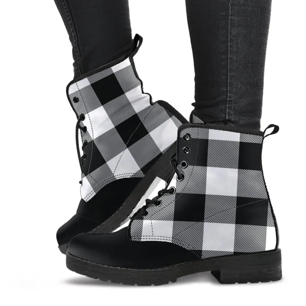 Black and White Buffalo Plaid Vegan Leather Boots
