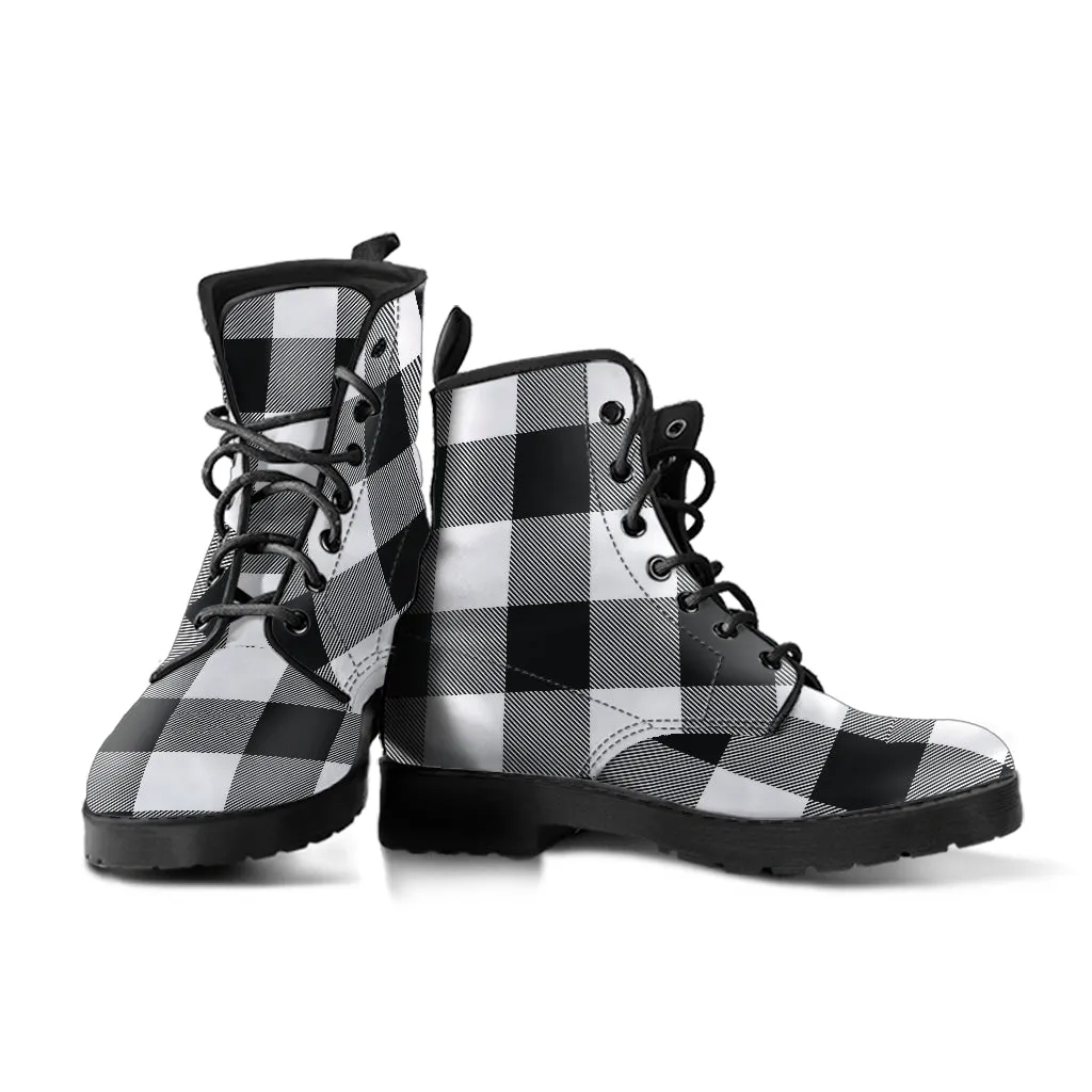 Black and White Buffalo Plaid Vegan Leather Boots