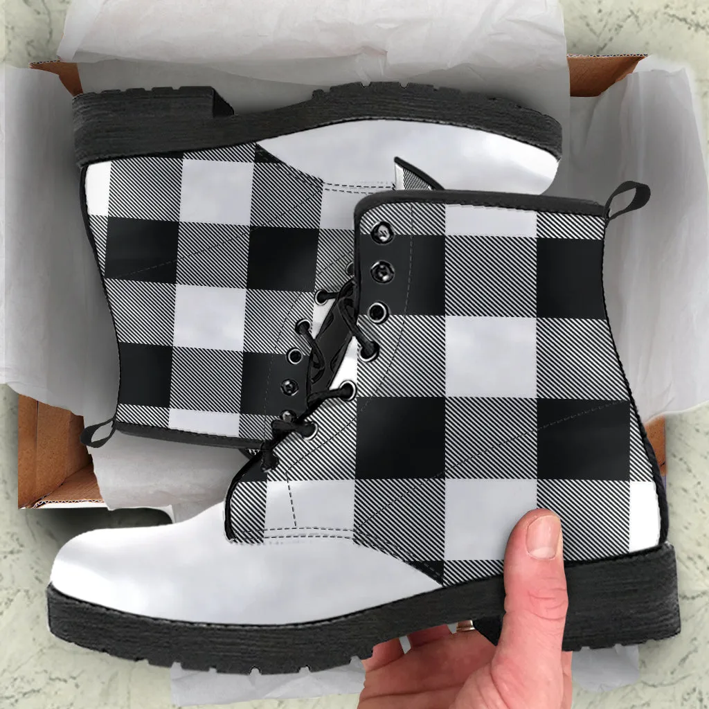 Black and White Buffalo Plaid Vegan Leather Boots