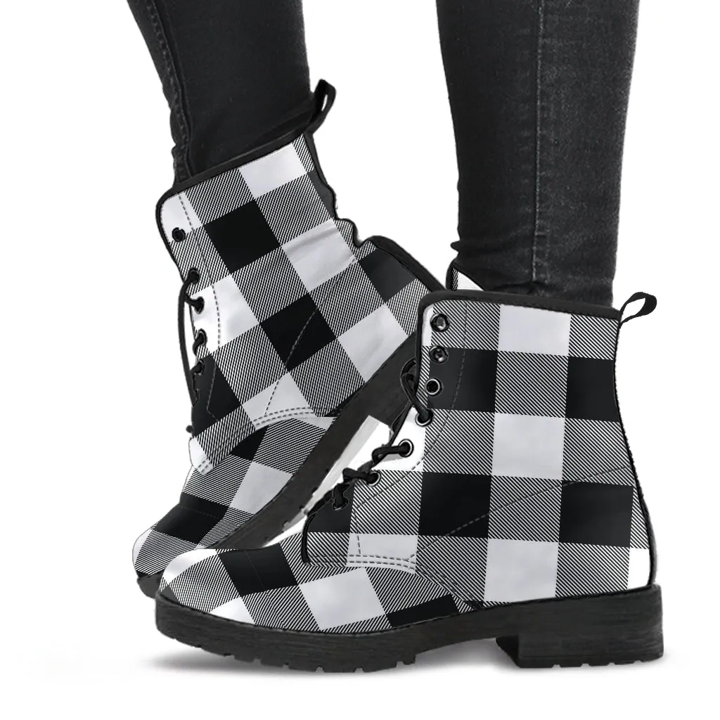 Black and White Buffalo Plaid Vegan Leather Boots