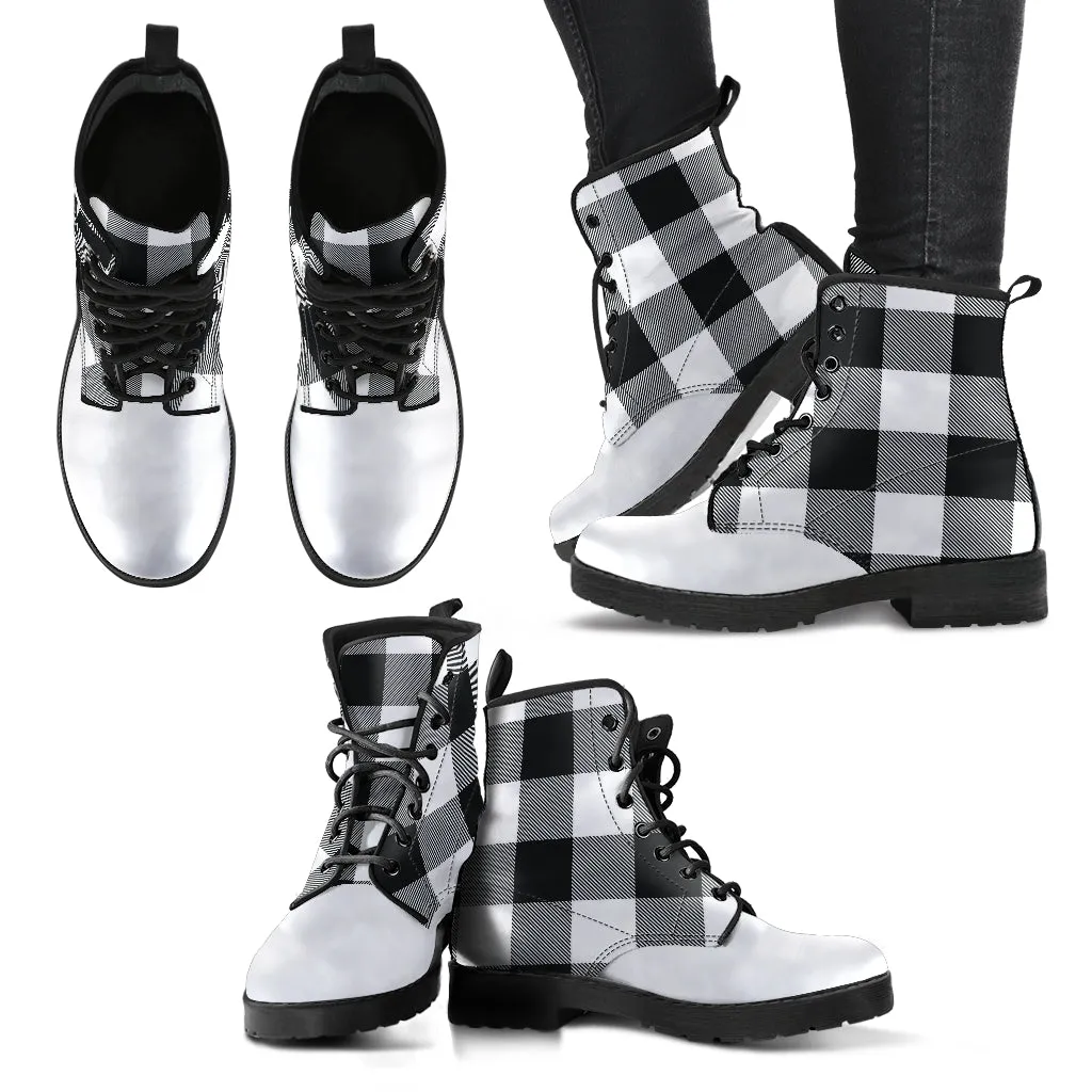 Black and White Buffalo Plaid Vegan Leather Boots