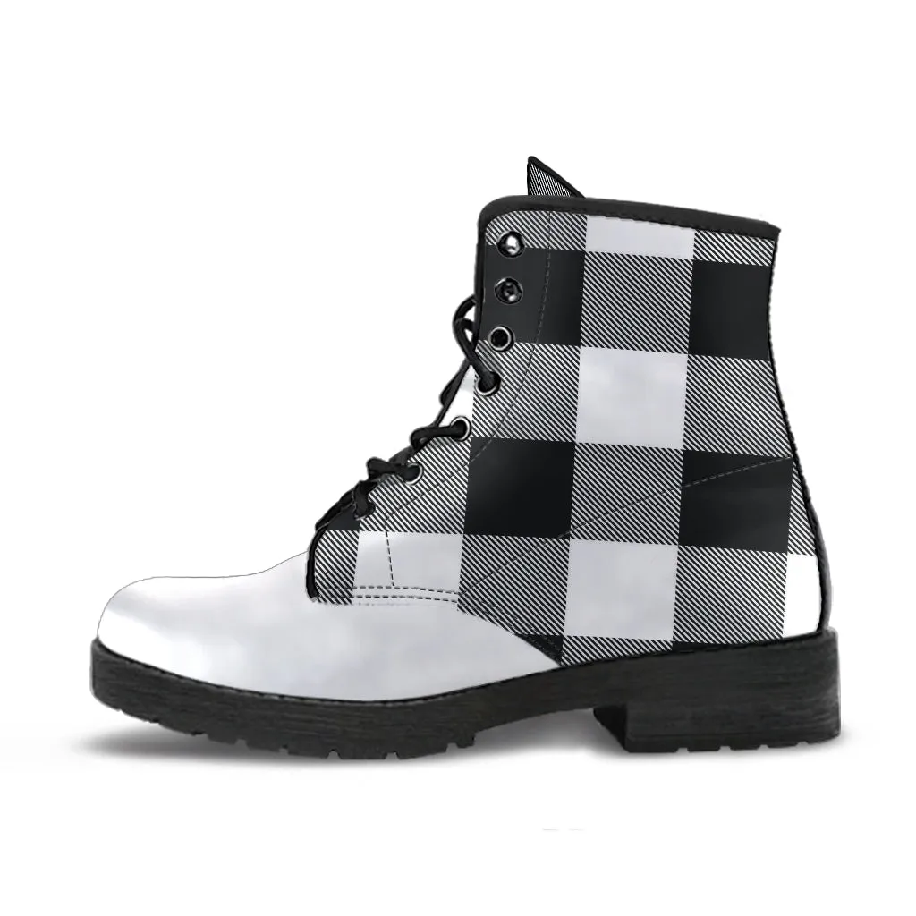 Black and White Buffalo Plaid Vegan Leather Boots