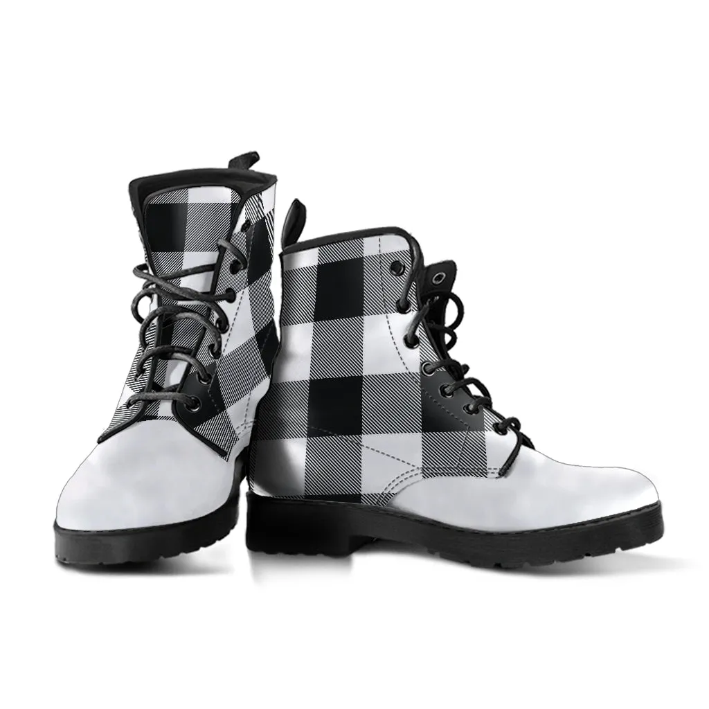 Black and White Buffalo Plaid Vegan Leather Boots