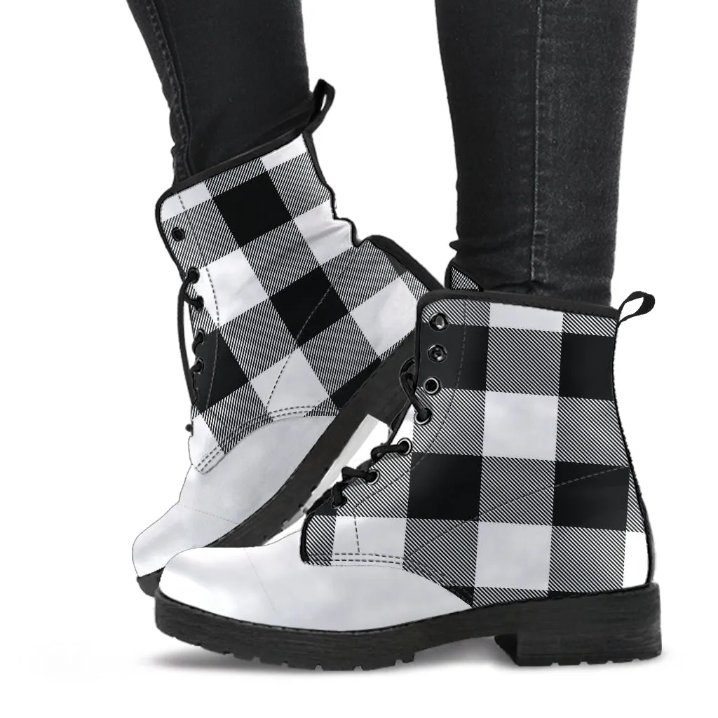Black and White Buffalo Plaid Vegan Leather Boots