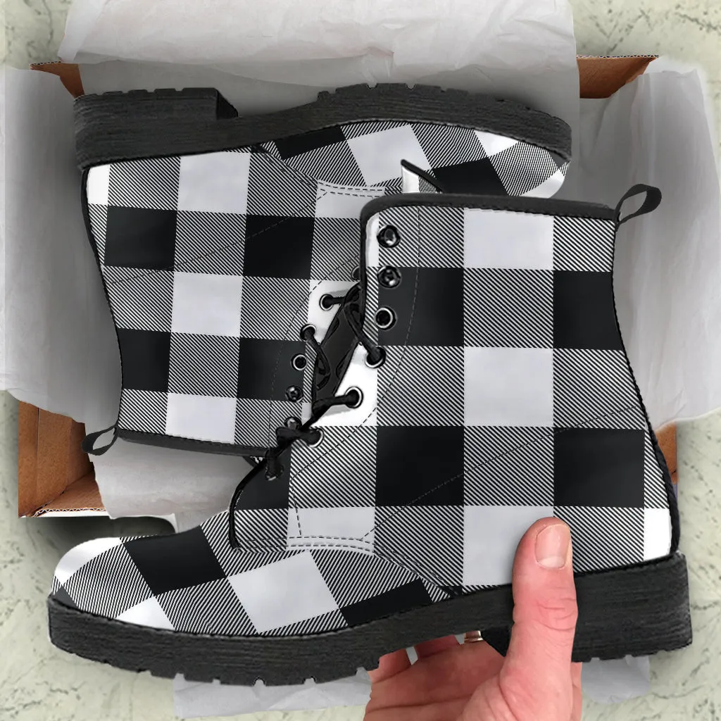 Black and White Buffalo Plaid Vegan Leather Boots