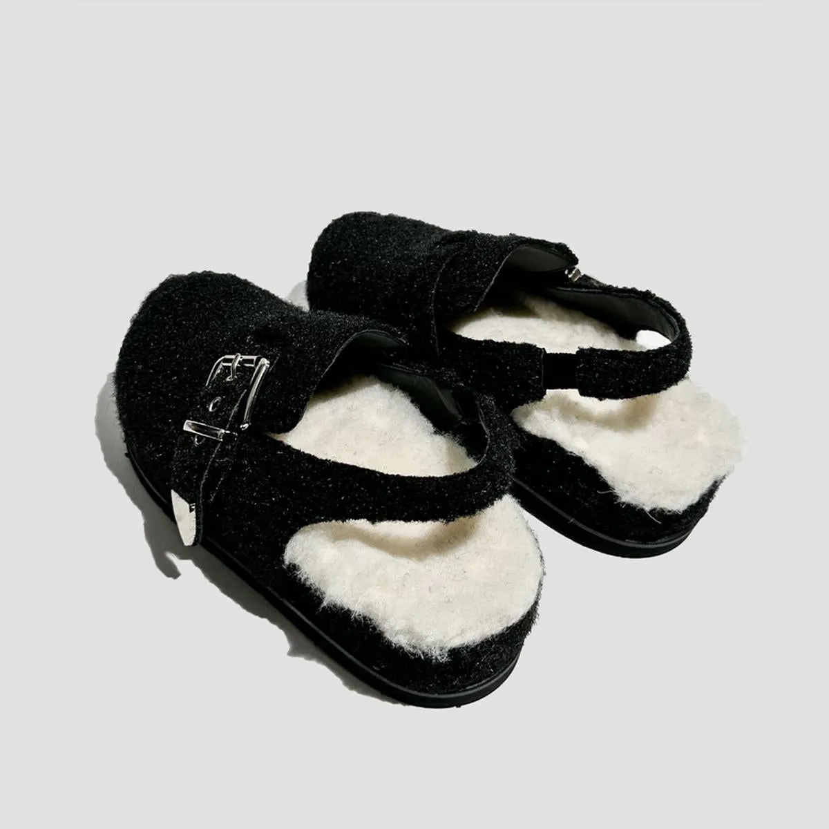 Black Fuzzy Buckle Slingback Clogs