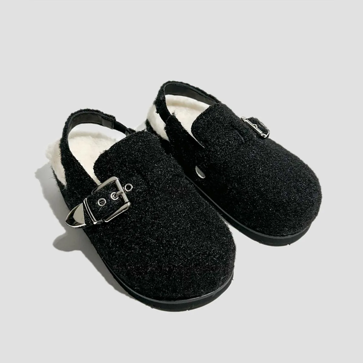 Black Fuzzy Buckle Slingback Clogs