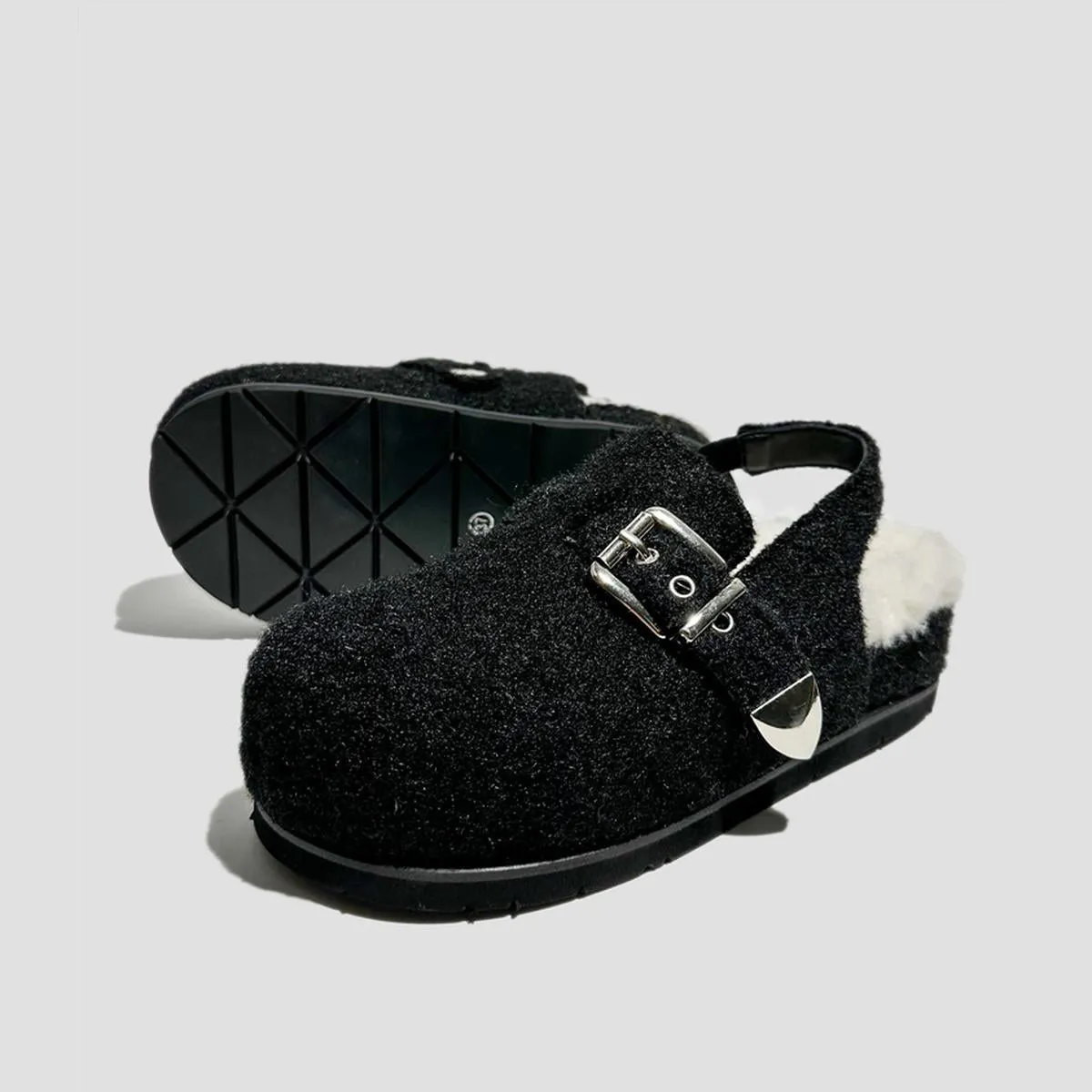 Black Fuzzy Buckle Slingback Clogs
