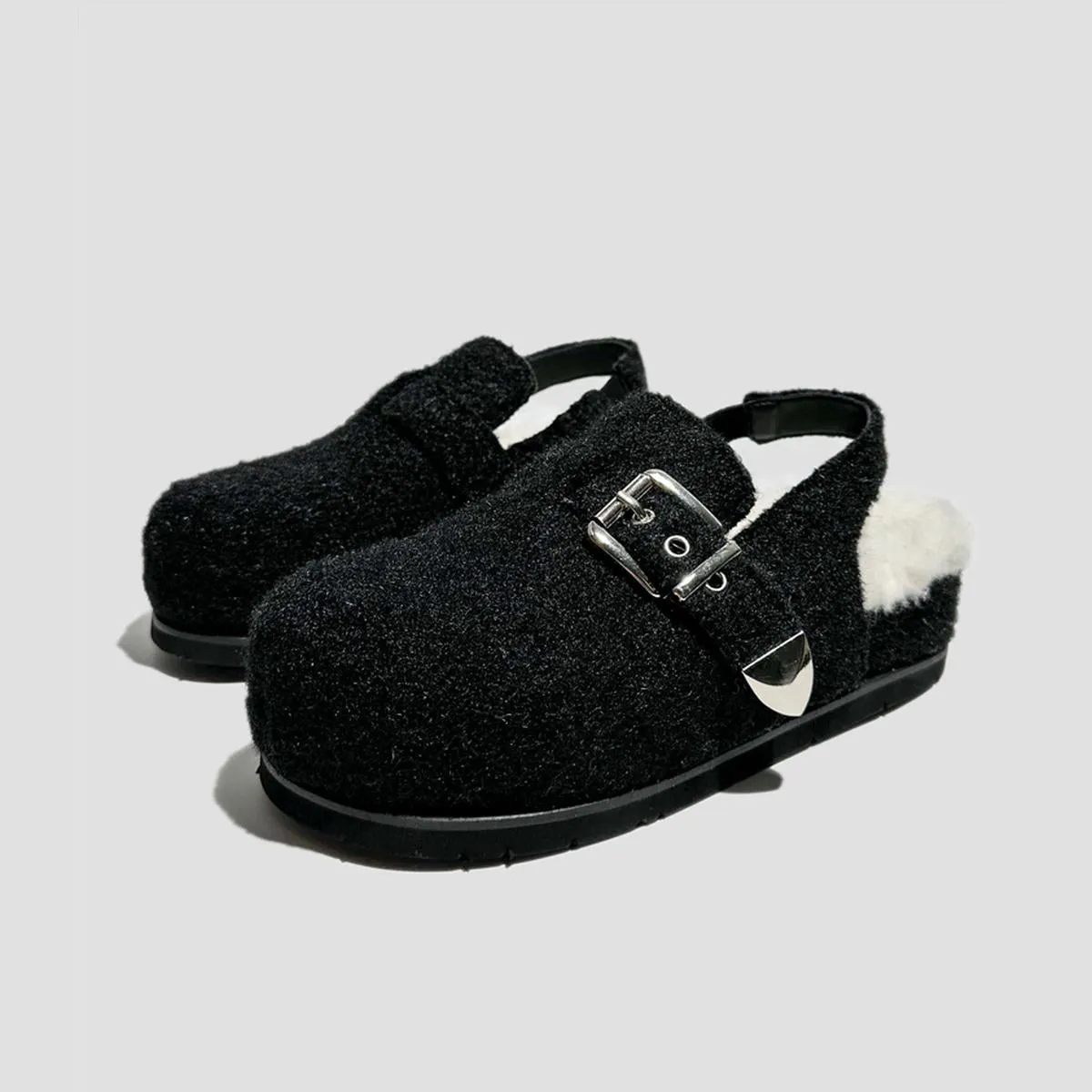 Black Fuzzy Buckle Slingback Clogs