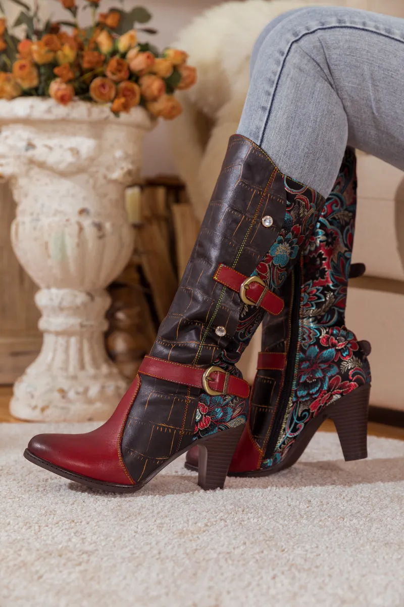 Black Red Patchwork Printed Leather Knee Boots