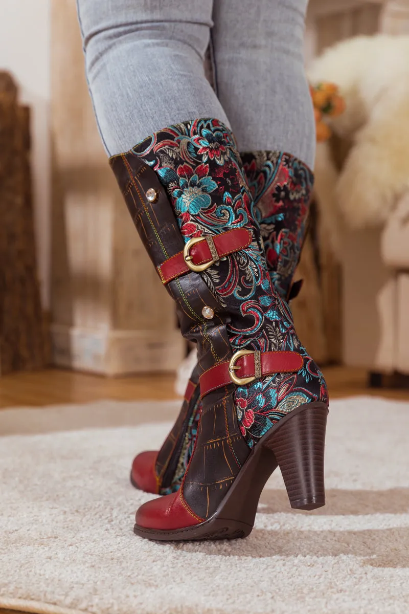 Black Red Patchwork Printed Leather Knee Boots