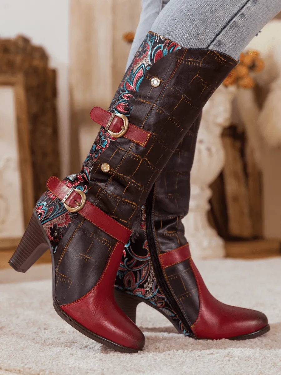Black Red Patchwork Printed Leather Knee Boots