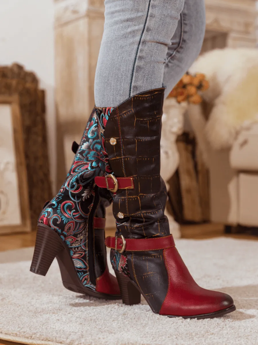 Black Red Patchwork Printed Leather Knee Boots