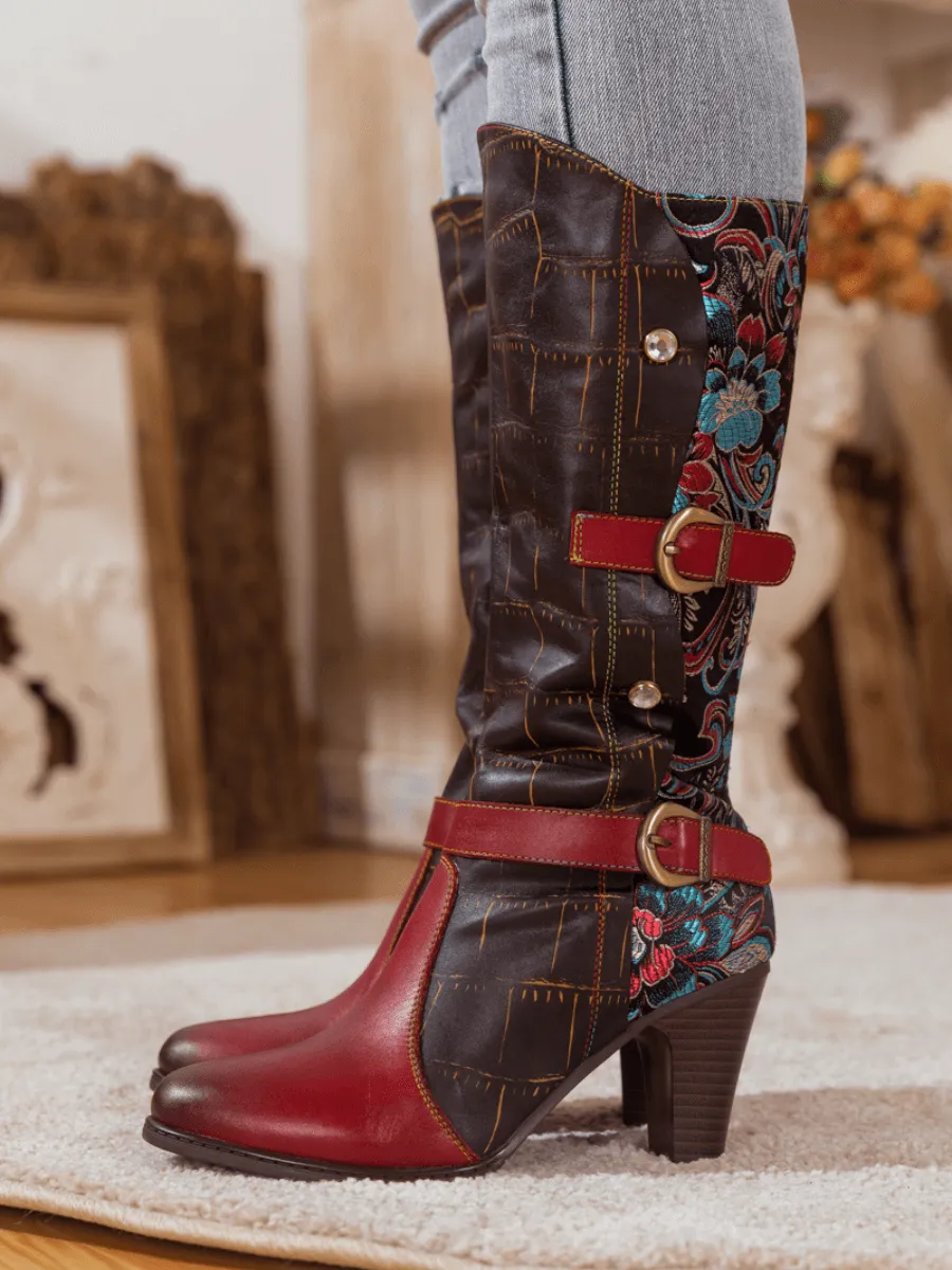 Black Red Patchwork Printed Leather Knee Boots