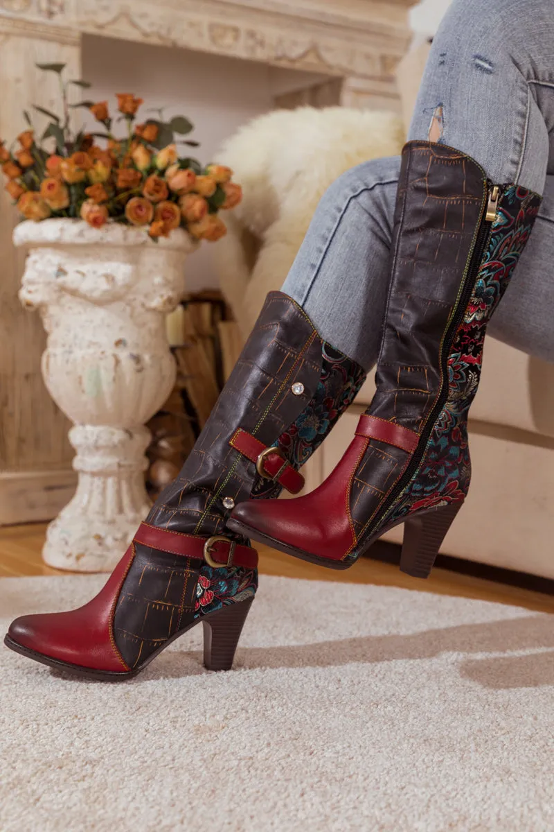 Black Red Patchwork Printed Leather Knee Boots