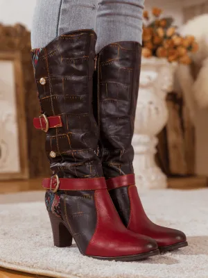 Black Red Patchwork Printed Leather Knee Boots