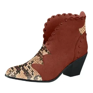 Block-Heel Rivet Color-Block Snake Print Ankle Boots - Trendy Snake Boot