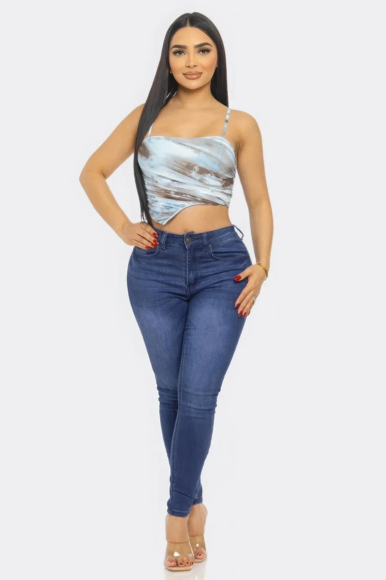 Blue Multicolor Mesh Print Top