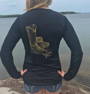 Dry Fit Long Sleeve Tee - UPF V-Neck - Country Shore - Black Boots in the Sand