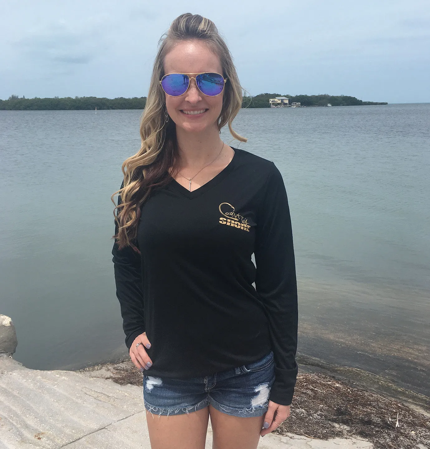 Dry Fit Long Sleeve Tee - UPF V-Neck - Country Shore - Black Boots in the Sand