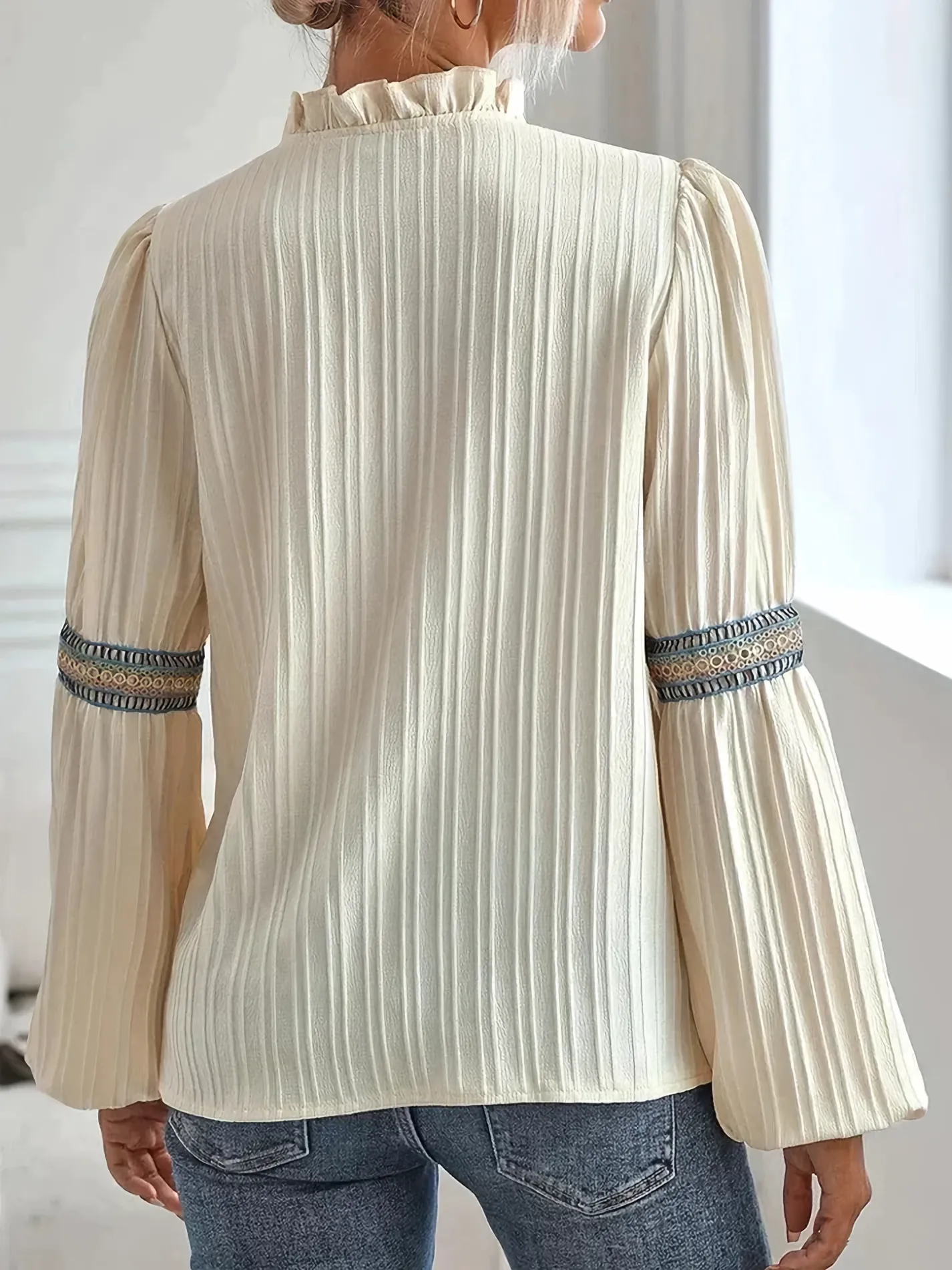 Embroidered V-Neck Blouse with Pleated Texture