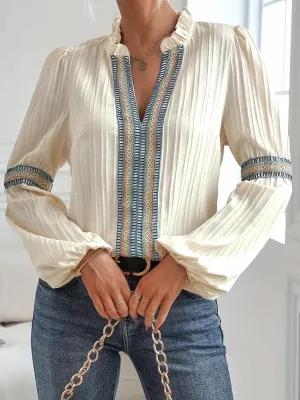 Embroidered V-Neck Blouse with Pleated Texture