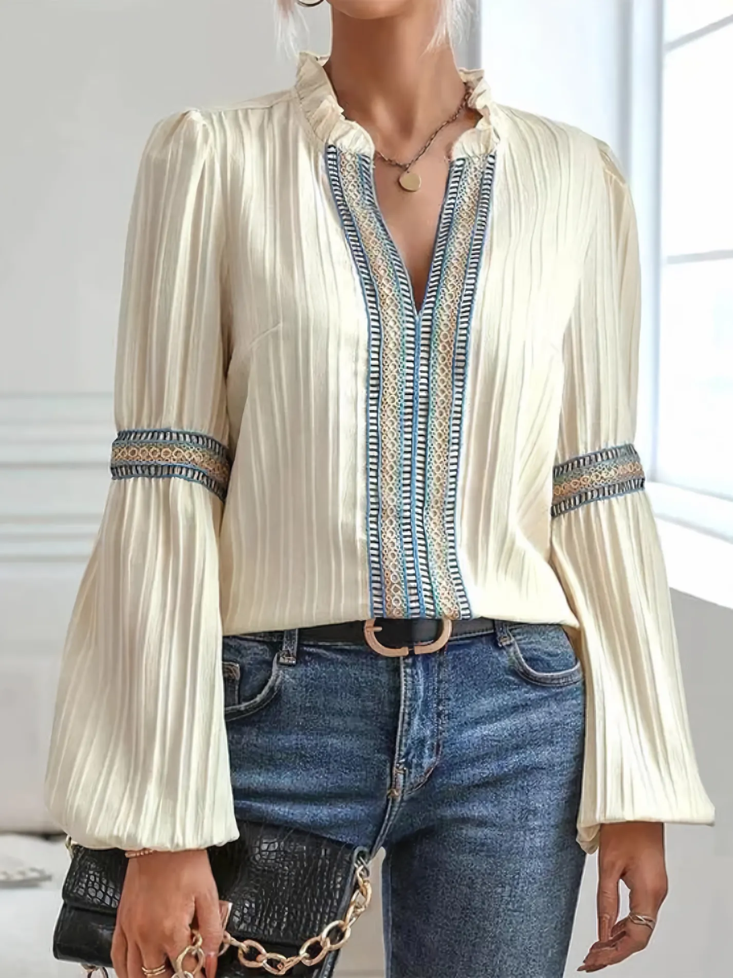 Embroidered V-Neck Blouse with Pleated Texture