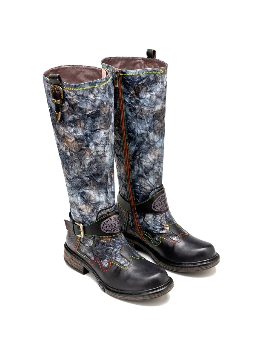 Genuine Leather Grey Wrinkled Iliyah Accent Flat High Knee Boots
