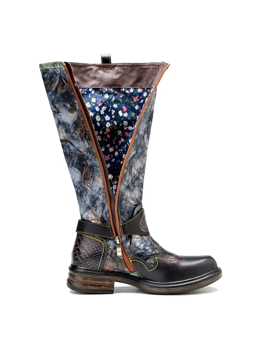 Genuine Leather Grey Wrinkled Iliyah Accent Flat High Knee Boots