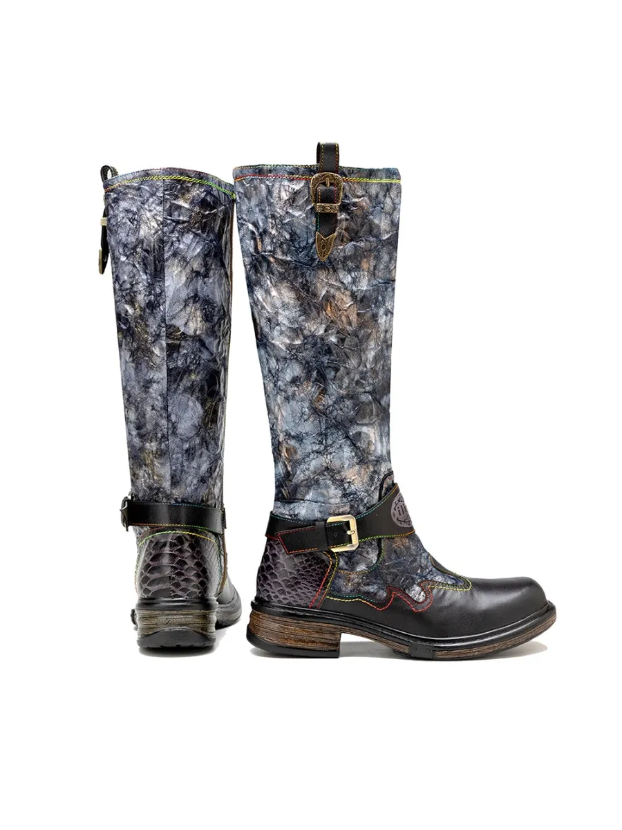Genuine Leather Grey Wrinkled Iliyah Accent Flat High Knee Boots