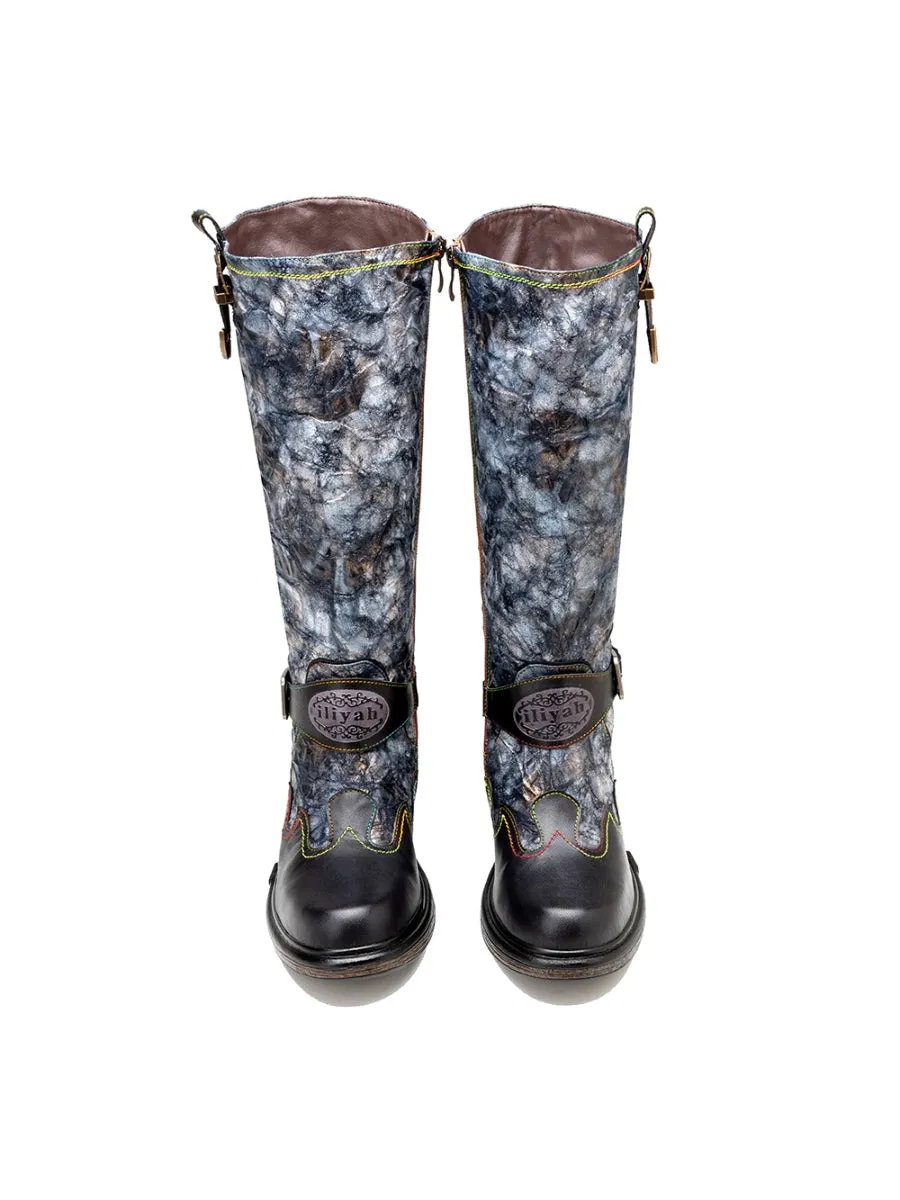 Genuine Leather Grey Wrinkled Iliyah Accent Flat High Knee Boots