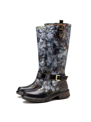 Genuine Leather Grey Wrinkled Iliyah Accent Flat High Knee Boots