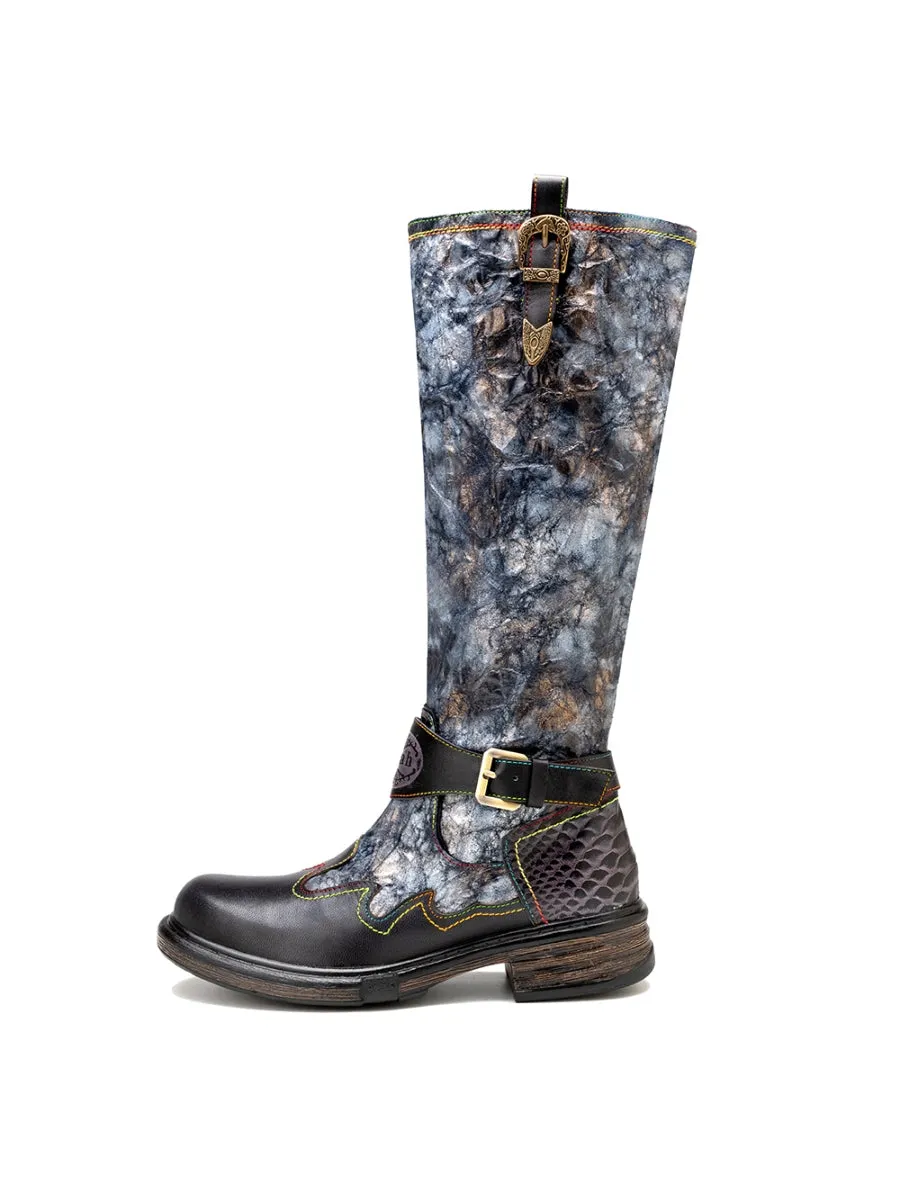 Genuine Leather Grey Wrinkled Iliyah Accent Flat High Knee Boots