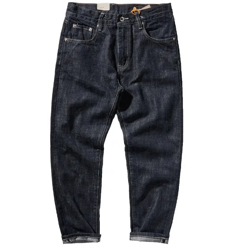 Heavyweight Washed Denim Jeans - Men's Fashion 100% Cotton Casual Tapered Pants