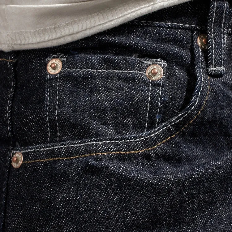 Heavyweight Washed Denim Jeans - Men's Fashion 100% Cotton Casual Tapered Pants