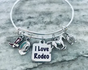 I Love Rodeo Expandable Adjustable Silver Wire Bangle Bracelet Gift Unique Trendy Western Cowboy Hat Boots Stacking
