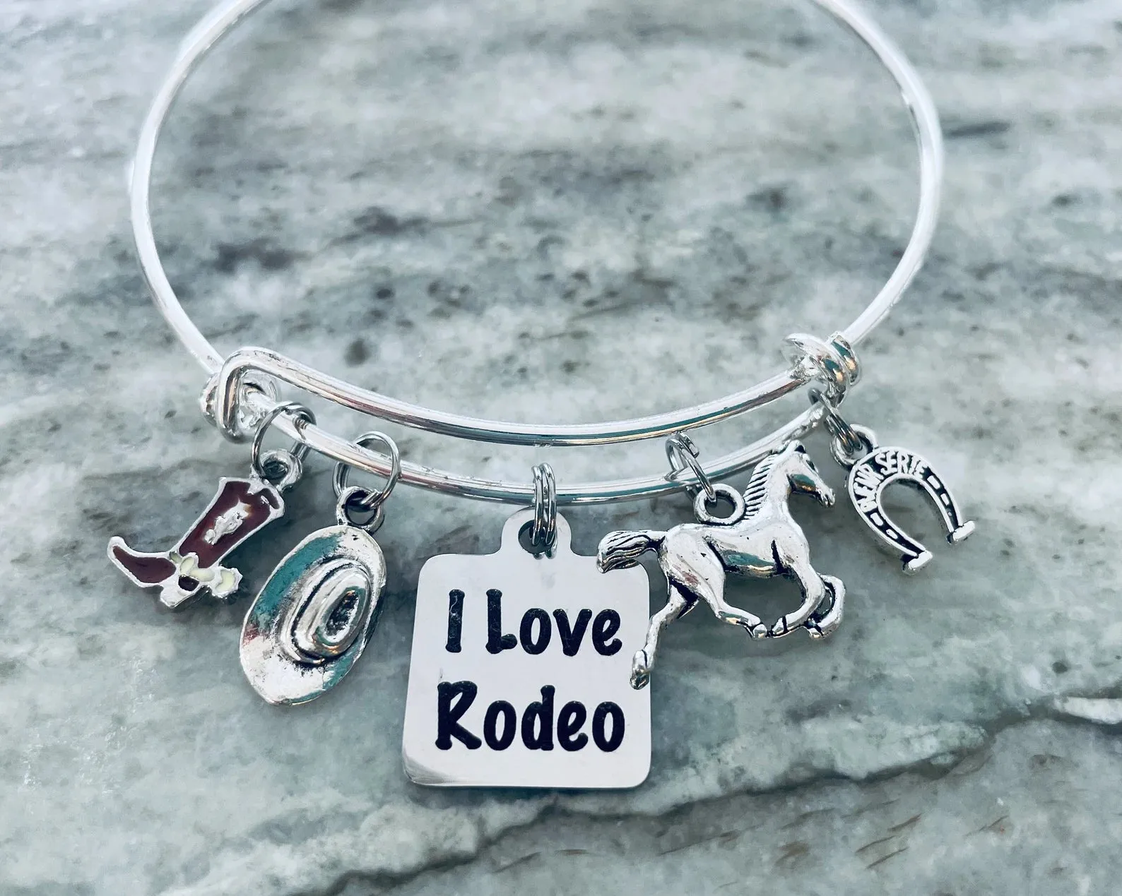 I Love Rodeo Expandable Adjustable Silver Wire Bangle Bracelet Gift Unique Trendy Western Cowboy Hat Boots Stacking
