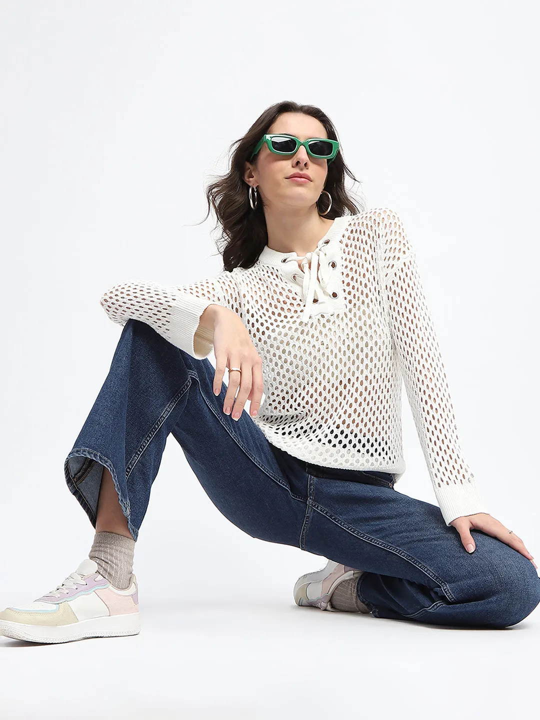 Madame Lace Detailed Off White Knit Top