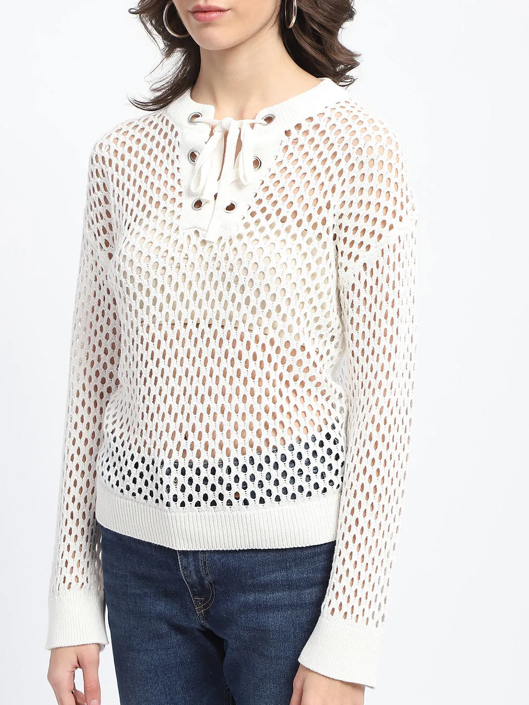 Madame Lace Detailed Off White Knit Top
