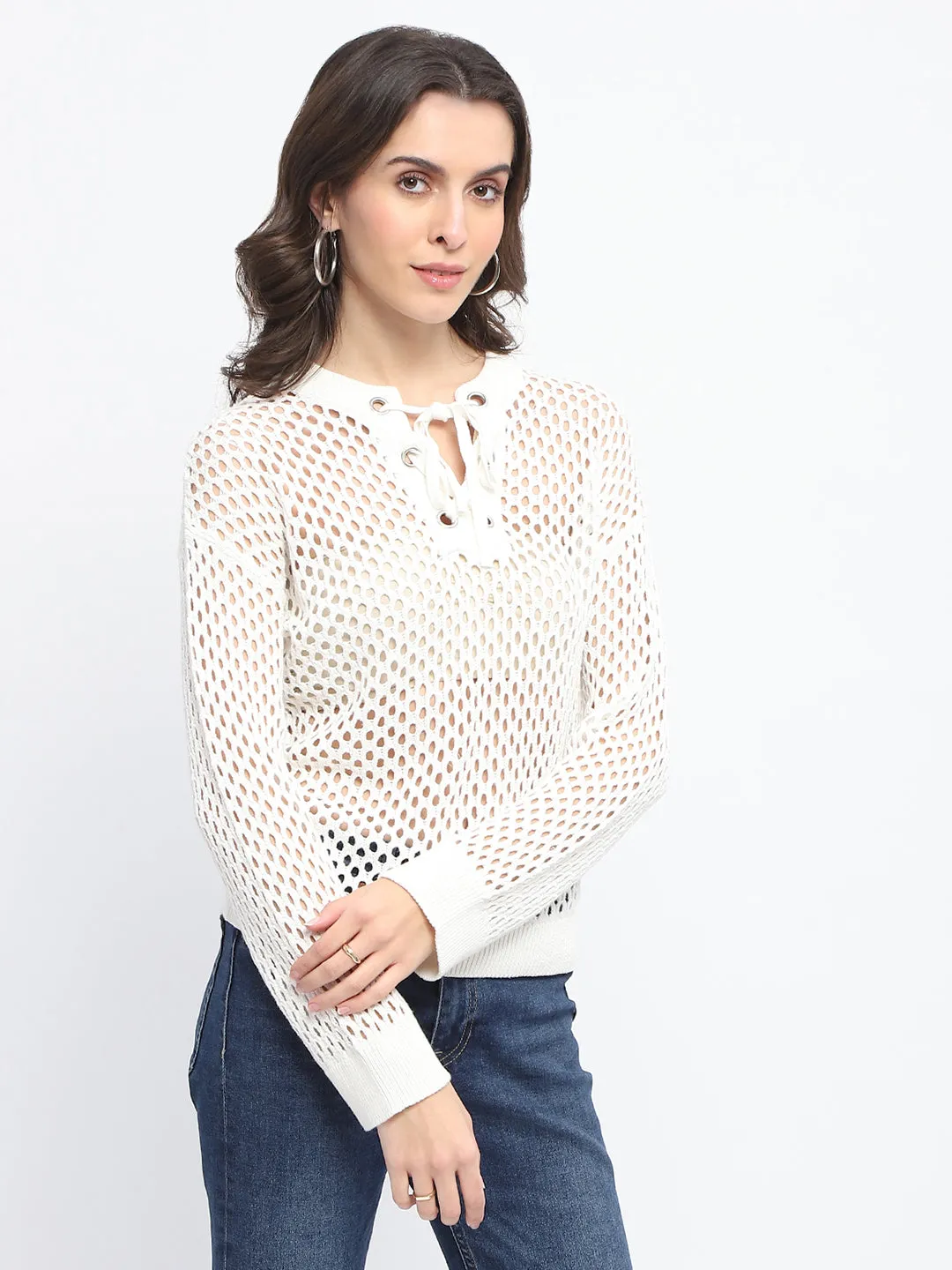 Madame Lace Detailed Off White Knit Top