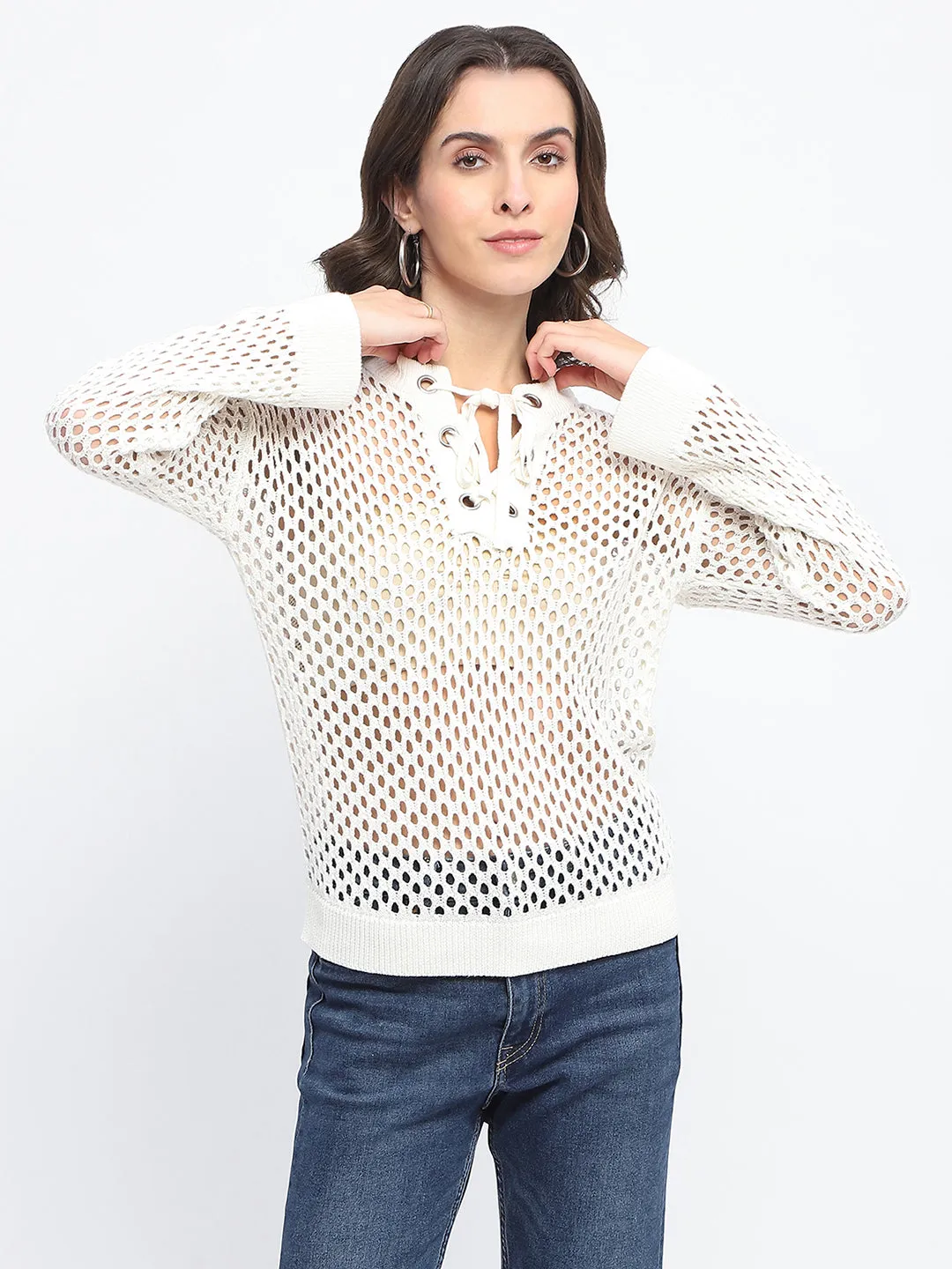 Madame Lace Detailed Off White Knit Top
