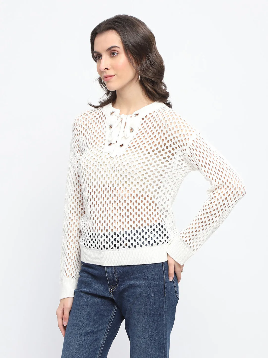 Madame Lace Detailed Off White Knit Top