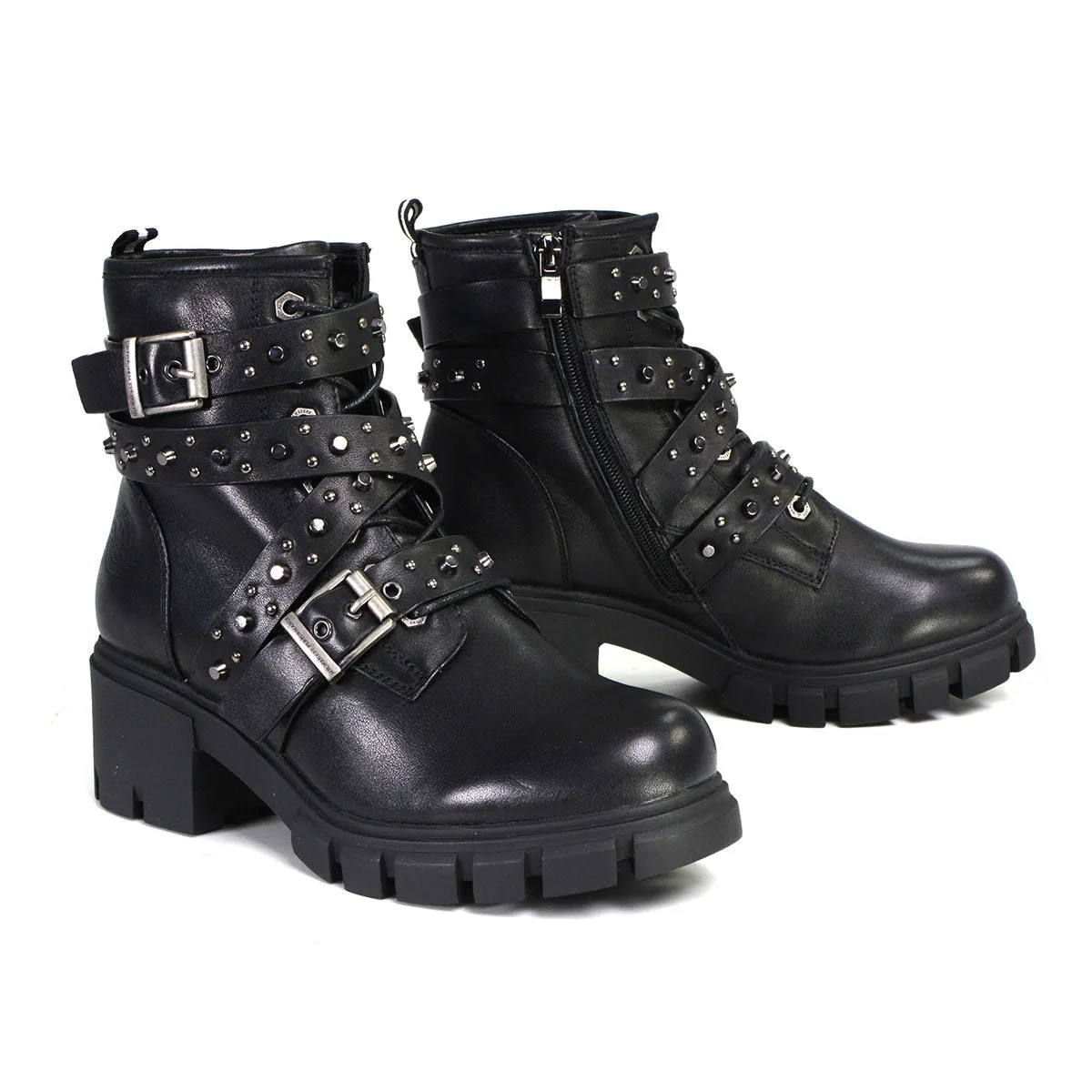 MBL9444 Women's ‘Bruiser’ Black Leather Lace to Toe Boots with Studded Straps