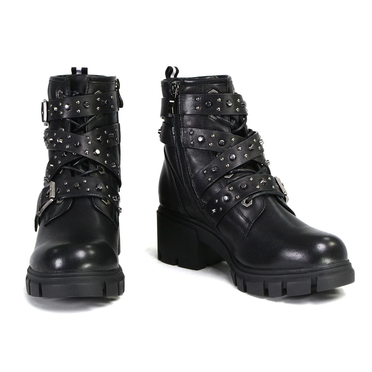 MBL9444 Women's ‘Bruiser’ Black Leather Lace to Toe Boots with Studded Straps