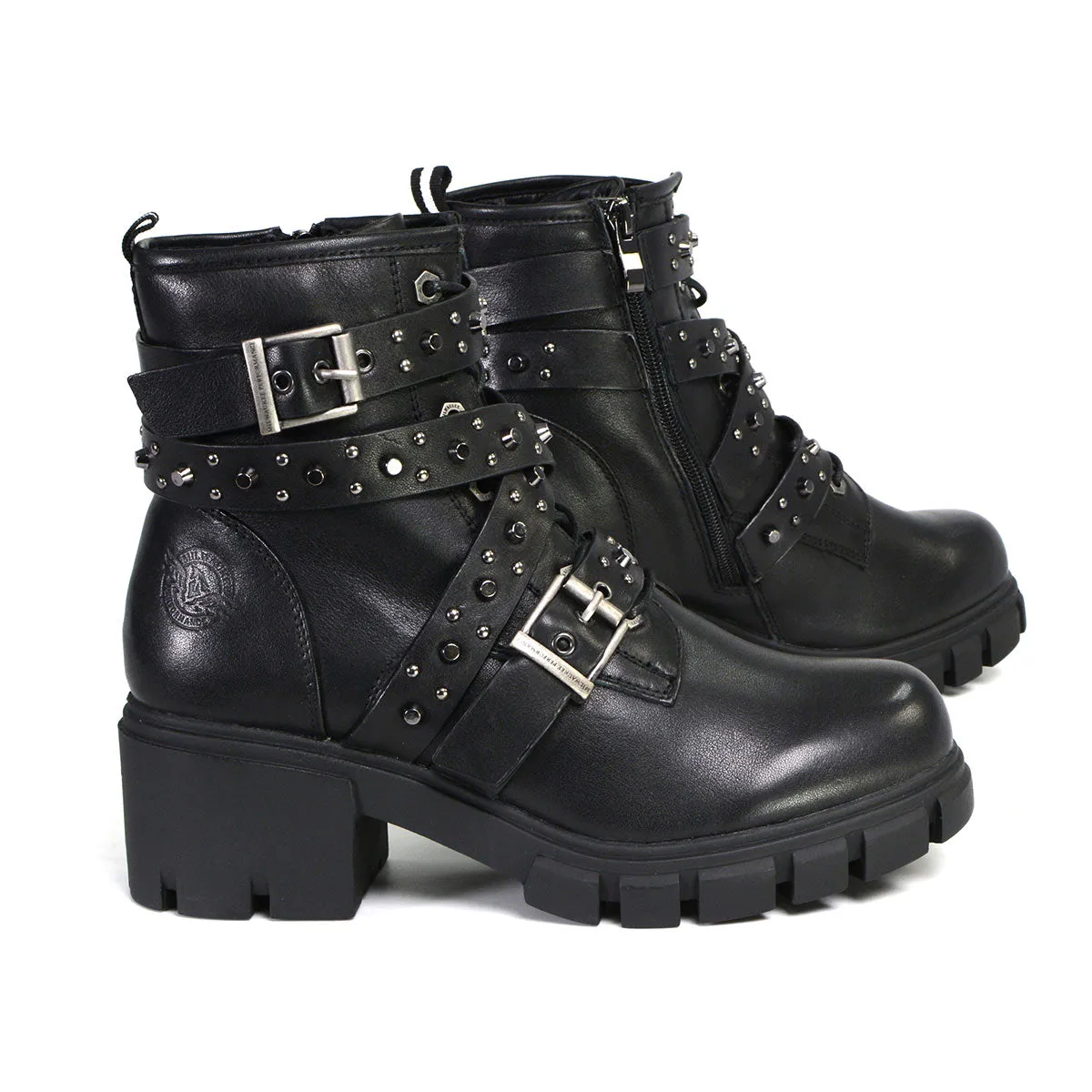 MBL9444 Women's ‘Bruiser’ Black Leather Lace to Toe Boots with Studded Straps