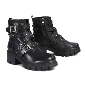 MBL9444 Women's ‘Bruiser’ Black Leather Lace to Toe Boots with Studded Straps